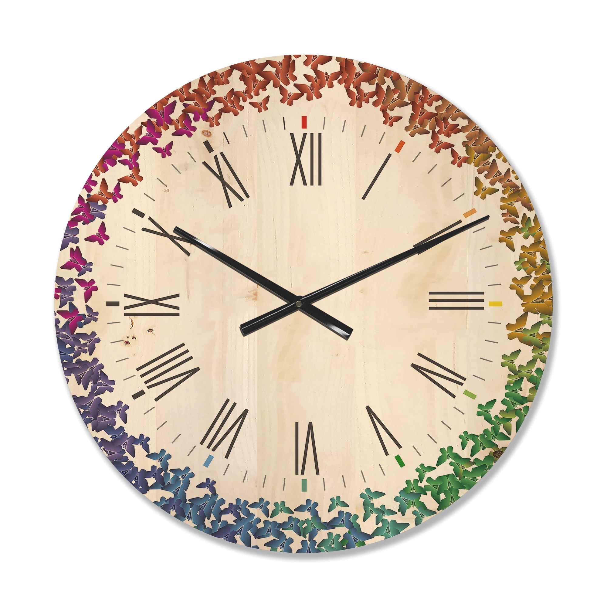 Designart 'Rainbow Butterfly Origami On White' Farmhouse Wood Wall Clock