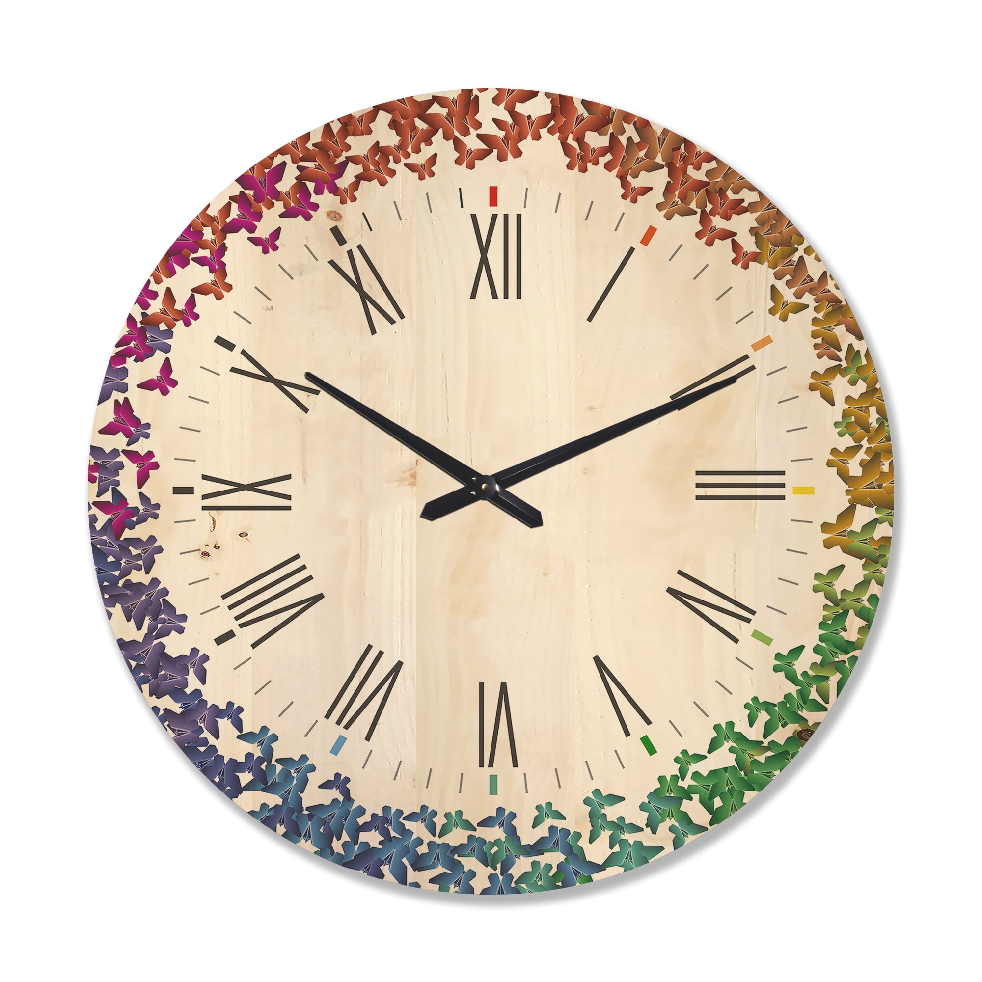 Designart 'Rainbow Butterfly Origami On White' Farmhouse Wood Wall Clock