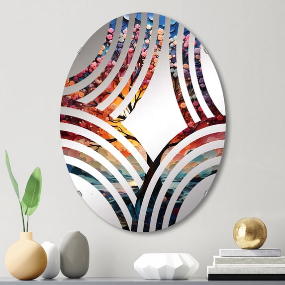 Designart "Rainbow Colored Baobabs" Tree Baobab Baptist Fan Round Wall Mirror - Floral Oval Printed Decorative Mirror - Multiple Color Options