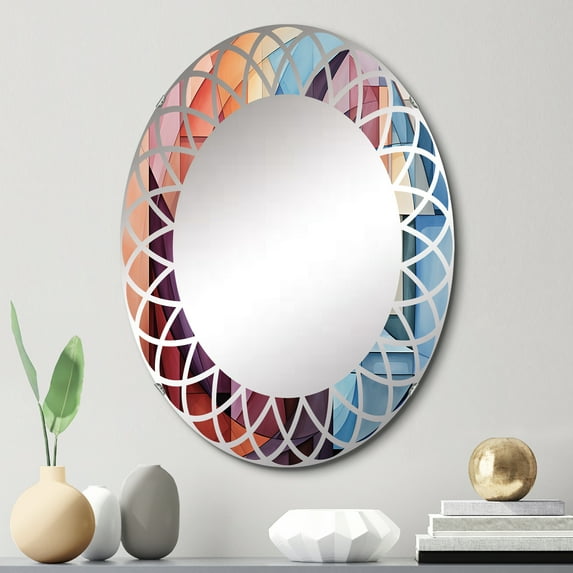 Designart "Rainbow Colored Cubist Forms II" Cubism Round Wall Mirror - Modern Oval Printed Decorative Oversized Mirror - Multiple Color Options