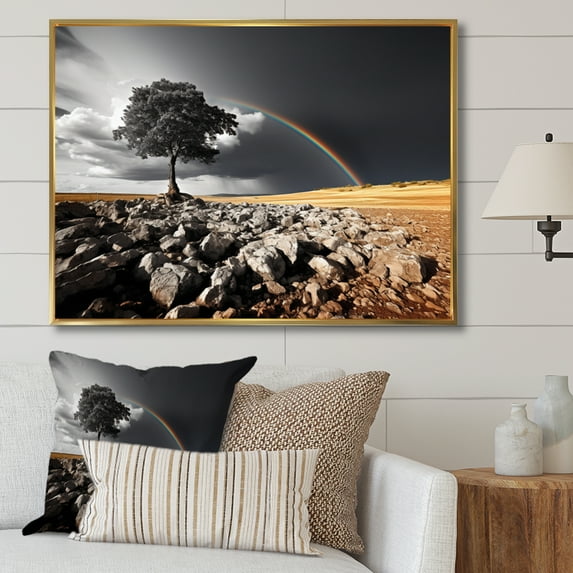 Designart "Rainbow Colorful Contrast Grey Tree horizon I" Rainbow Floater Framed Wall Decor