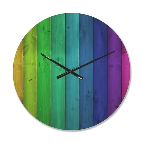 Designart 'Rainbow Colors On Wooden Planks' Modern Wood Wall Clock