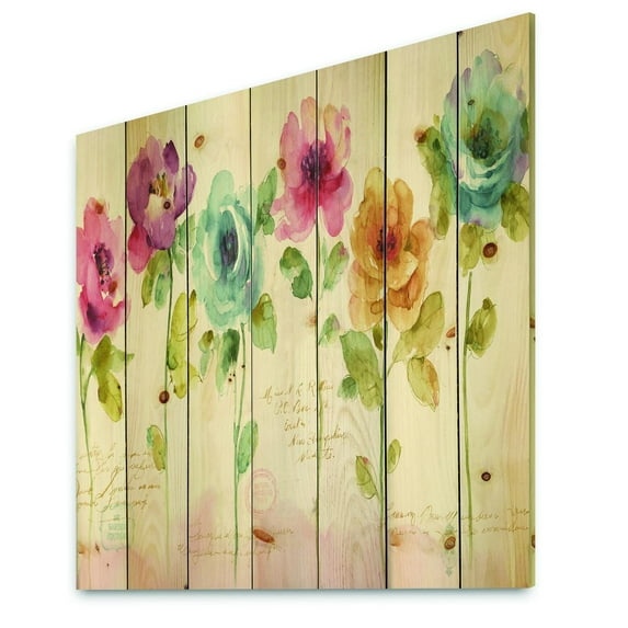 Designart 'Rainbow Coloured Abstract Cottage Roses' Cabin & Lodge Print on Natural Pine Wood
