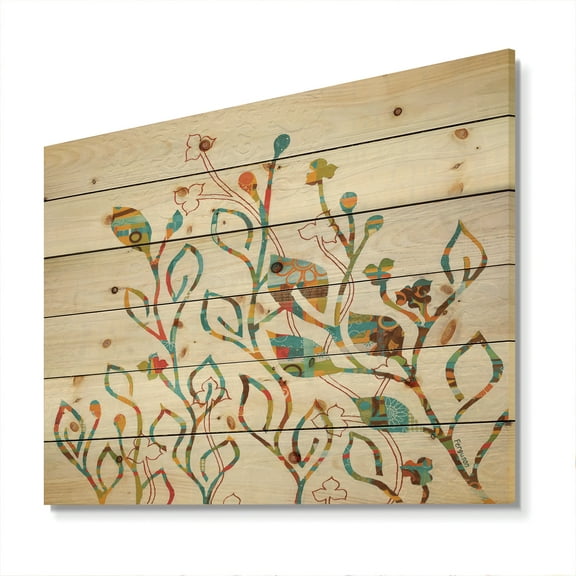 Designart 'Rainbow Coloured Flowers and Vines' Cabin & Lodge Print on Natural Pine Wood