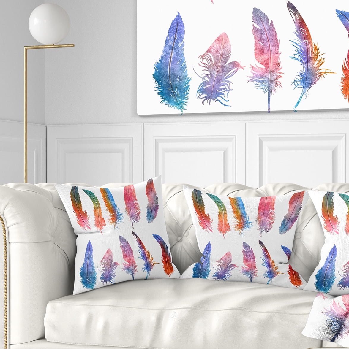 Designart Rainbow Feathers - Floral Throw Pillow - 18x18