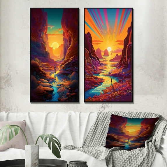 Designart "Rainbow Mountains Dreamscape Sunrise River III" Abstract Landscape Framed Wall Art Set Of 2 - Modern Yellow Gallery Wall Frame Set For Home Decor
