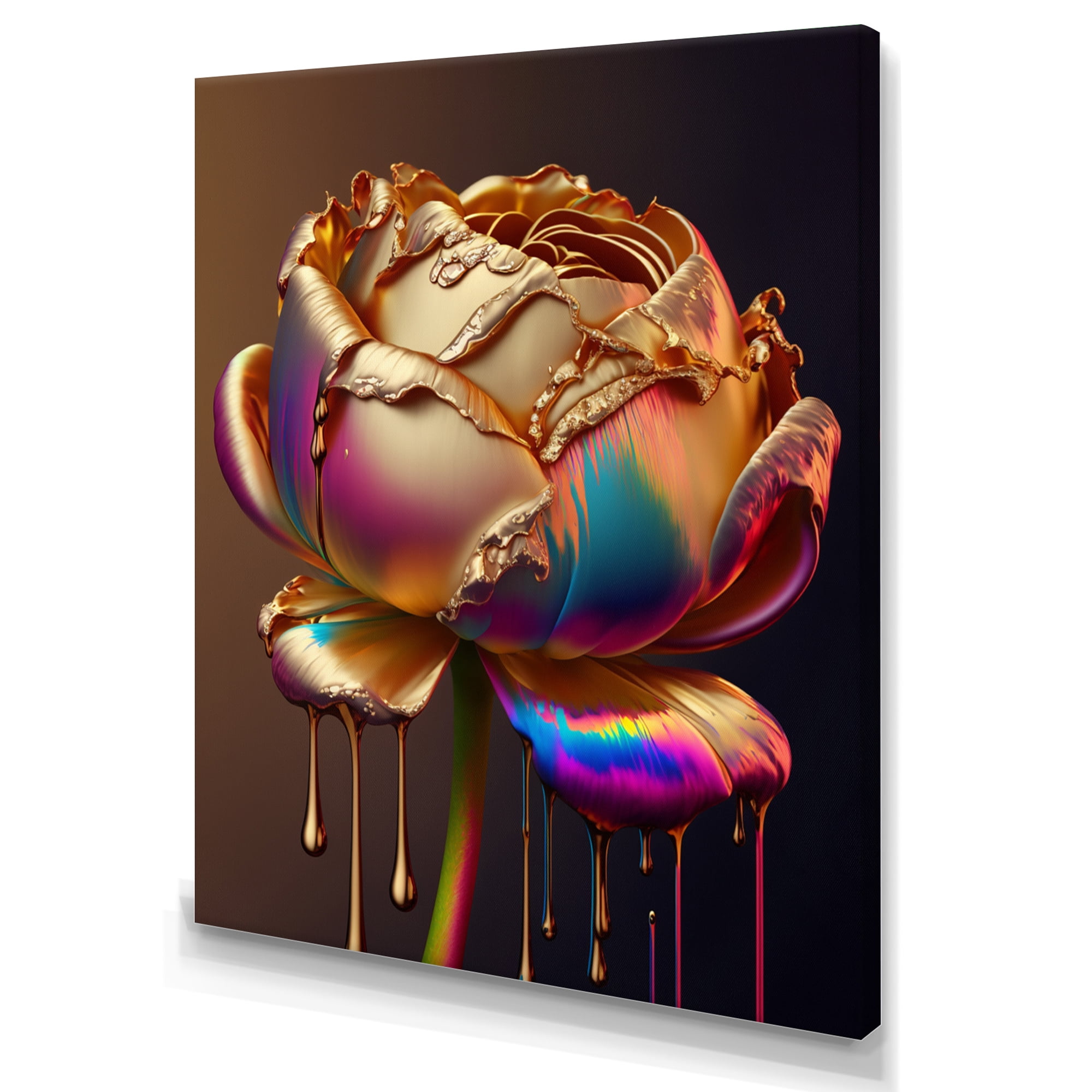 Designart Rainbow Peony Liquid Gold Drips Hyper II Canvas Wall Art