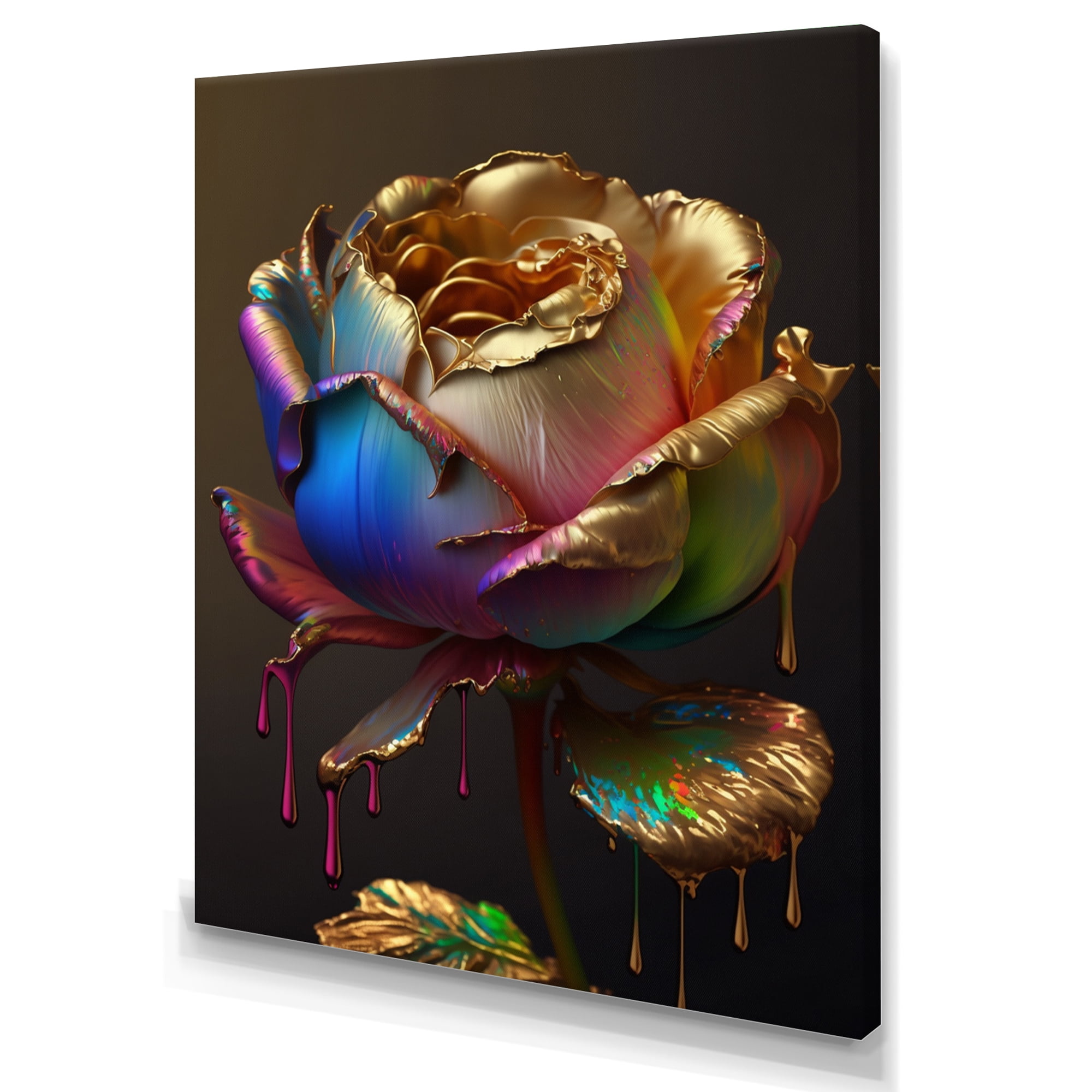 Designart Rainbow Peony Liquid Gold Drips Hyper IV Canvas Wall Art