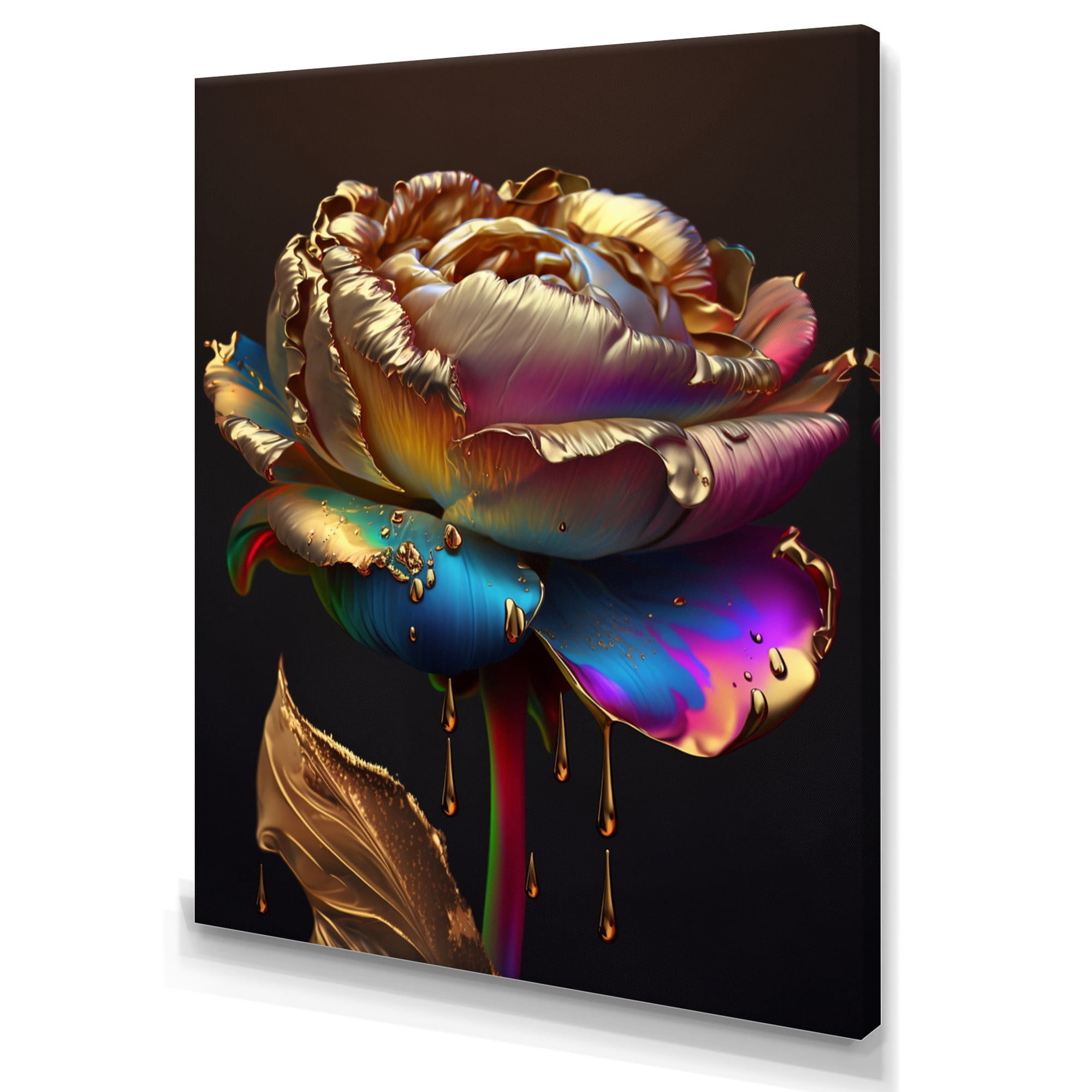 Designart Rainbow Peony Liquid Gold Drips Hyper V Canvas Wall Art