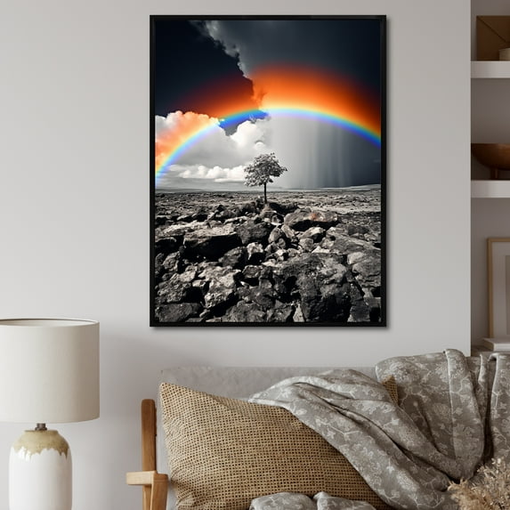 Designart "Rainbow Shades Of Colorlessness horizon I" Floral Floater Framed Canvas Print