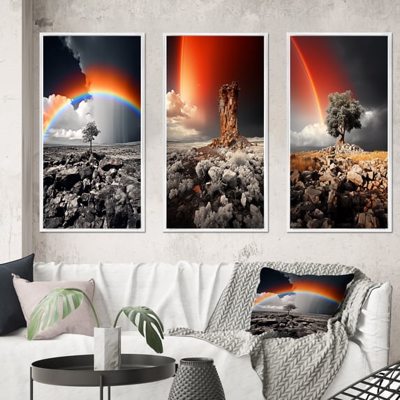 Designart "Rainbow Shades Of Colorlessness horizon I" Floral Framed Wall Art Set Of 3 - Multi-Color Rainbow Frame Gallery Set For Office Decor