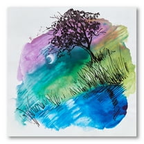 Designart ' Rainbow Silhouette Of Tree On The Riverbank At Night ' Modern Canvas Wall Art Print