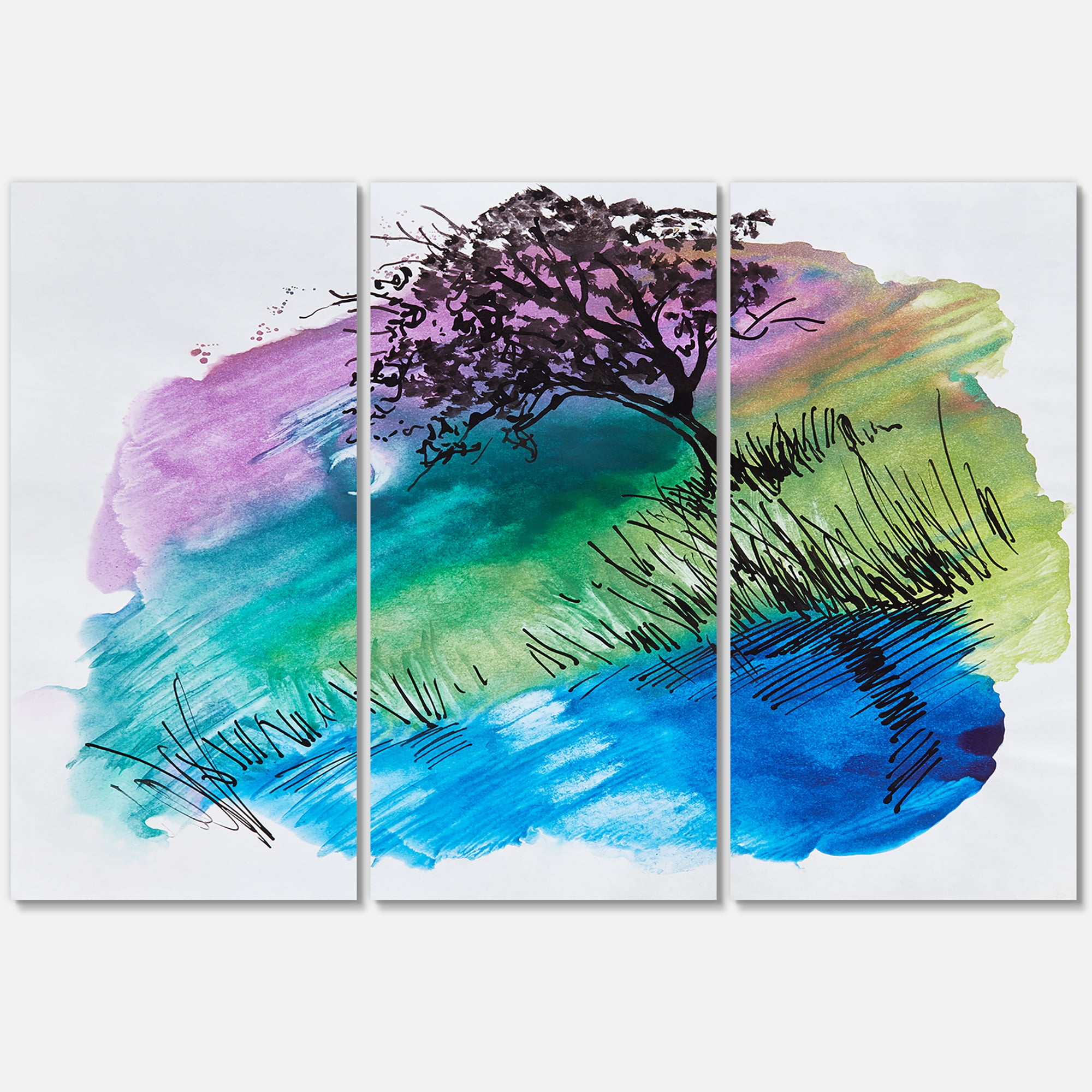 Designart ' Rainbow Silhouette Of Tree On The Riverbank At Night ' Modern Canvas Wall Art Print
