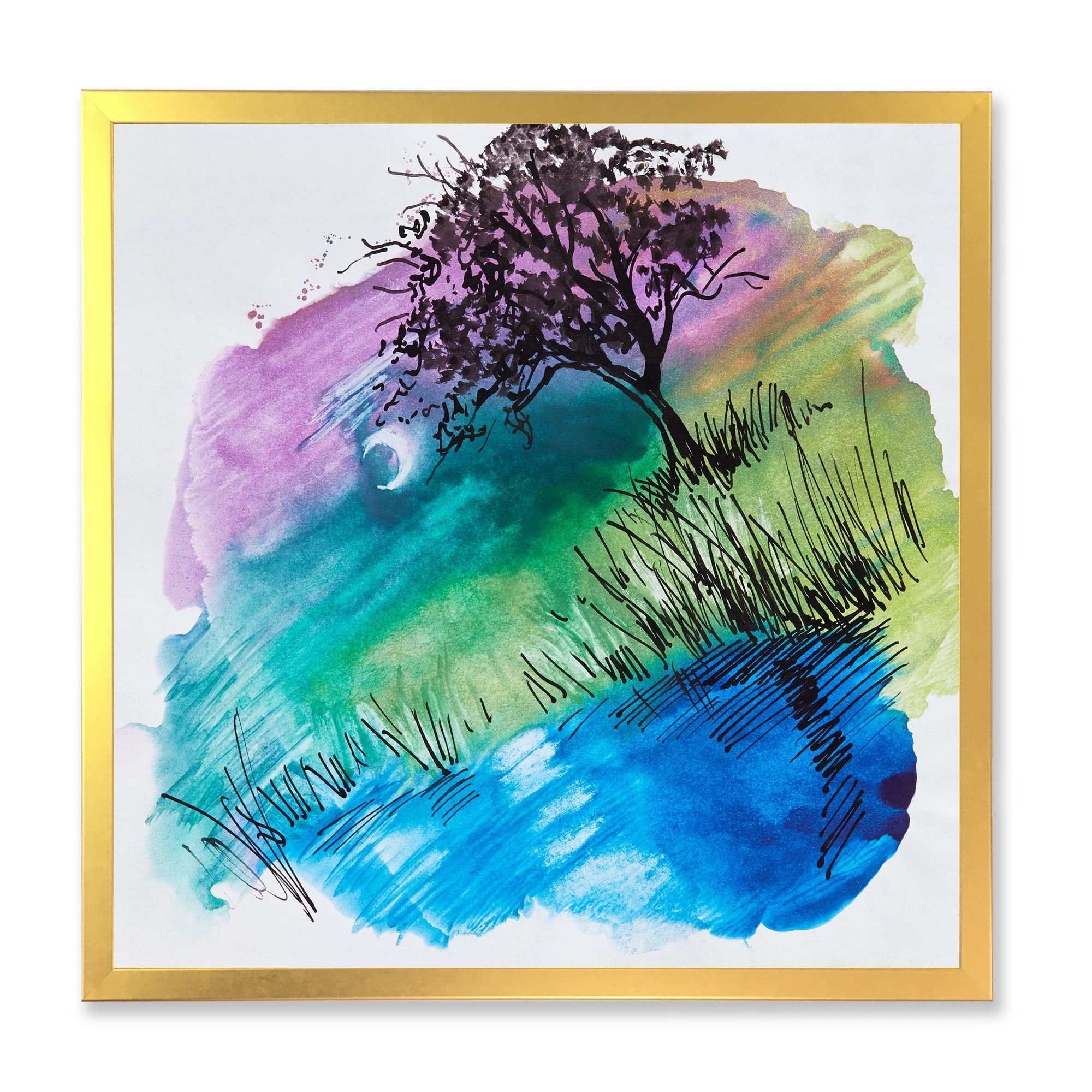 Designart 'Rainbow Silhouette Of Tree On The Riverbank At Night' Modern Framed Art Print