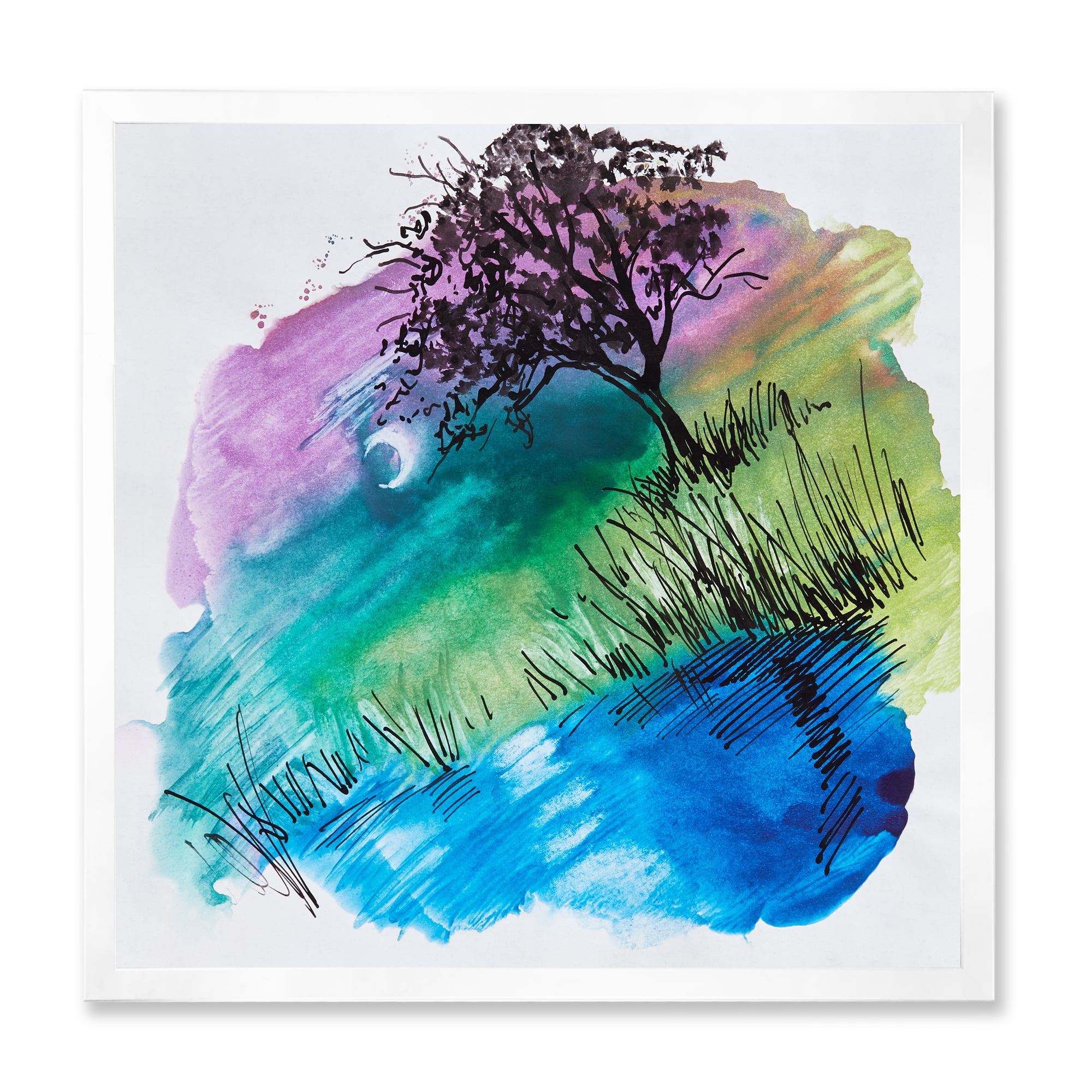 Designart 'Rainbow Silhouette Of Tree On The Riverbank At Night' Modern Framed Art Print
