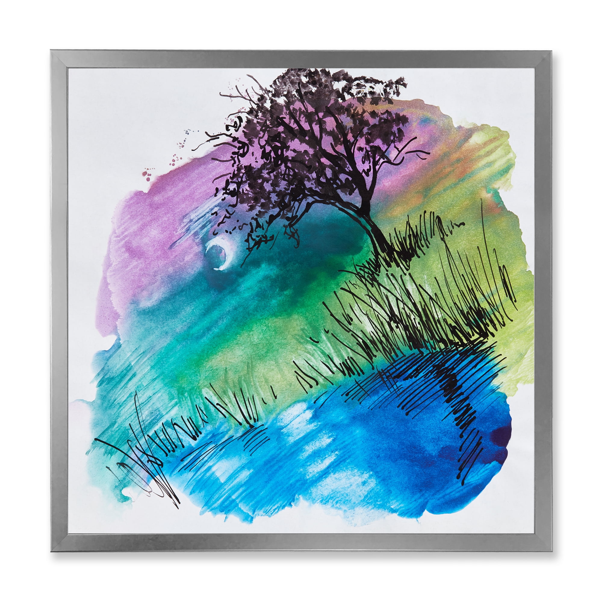 Designart 'Rainbow Silhouette Of Tree On The Riverbank At Night' Modern Framed Art Print