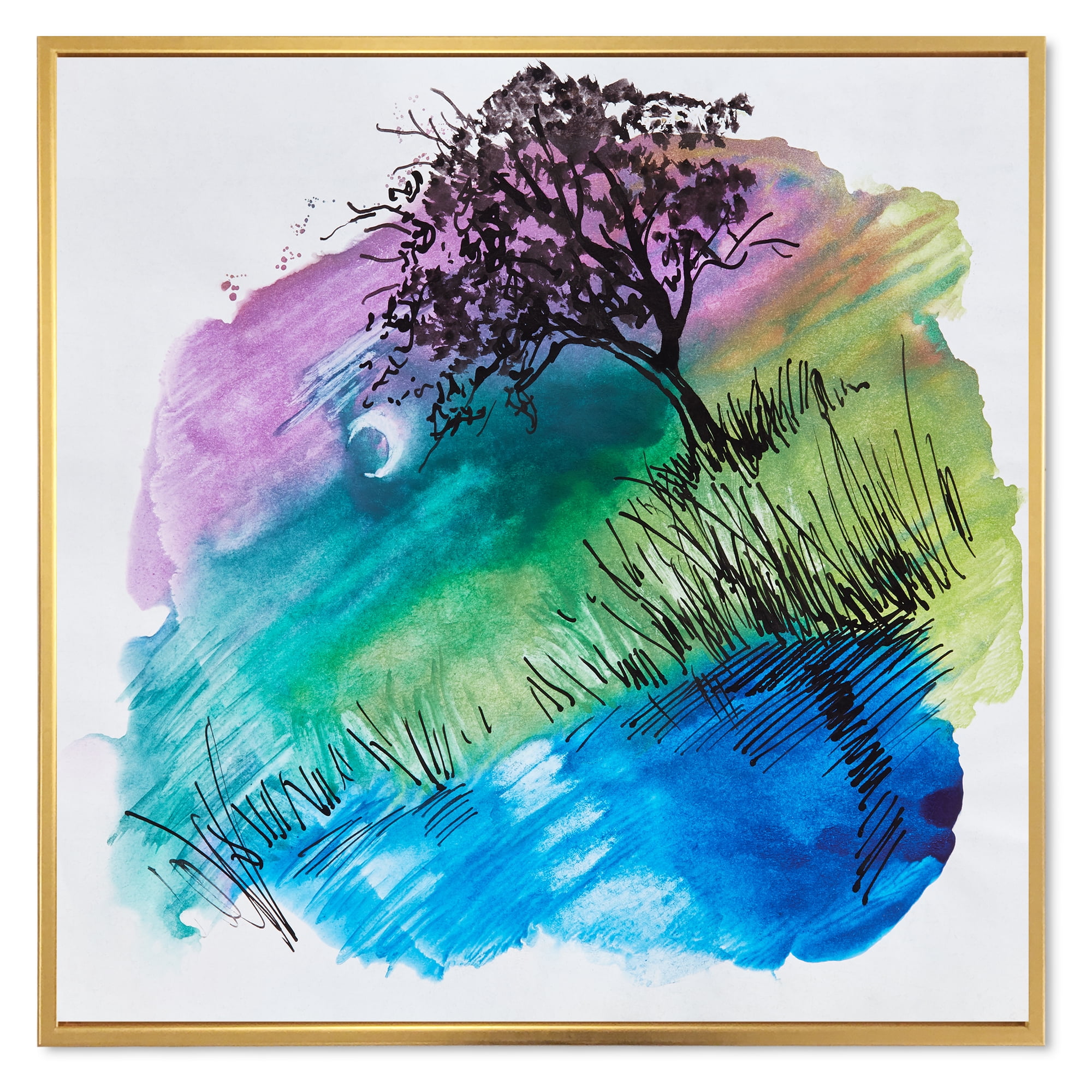Designart 'Rainbow Silhouette Of Tree On The Riverbank At Night' Modern Framed Canvas Wall Art Print