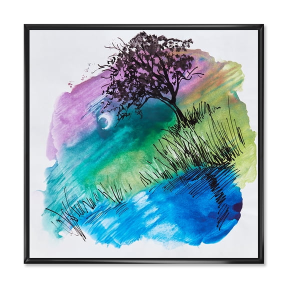 Designart 'Rainbow Silhouette Of Tree On The Riverbank At Night' Modern Framed Canvas Wall Art Print