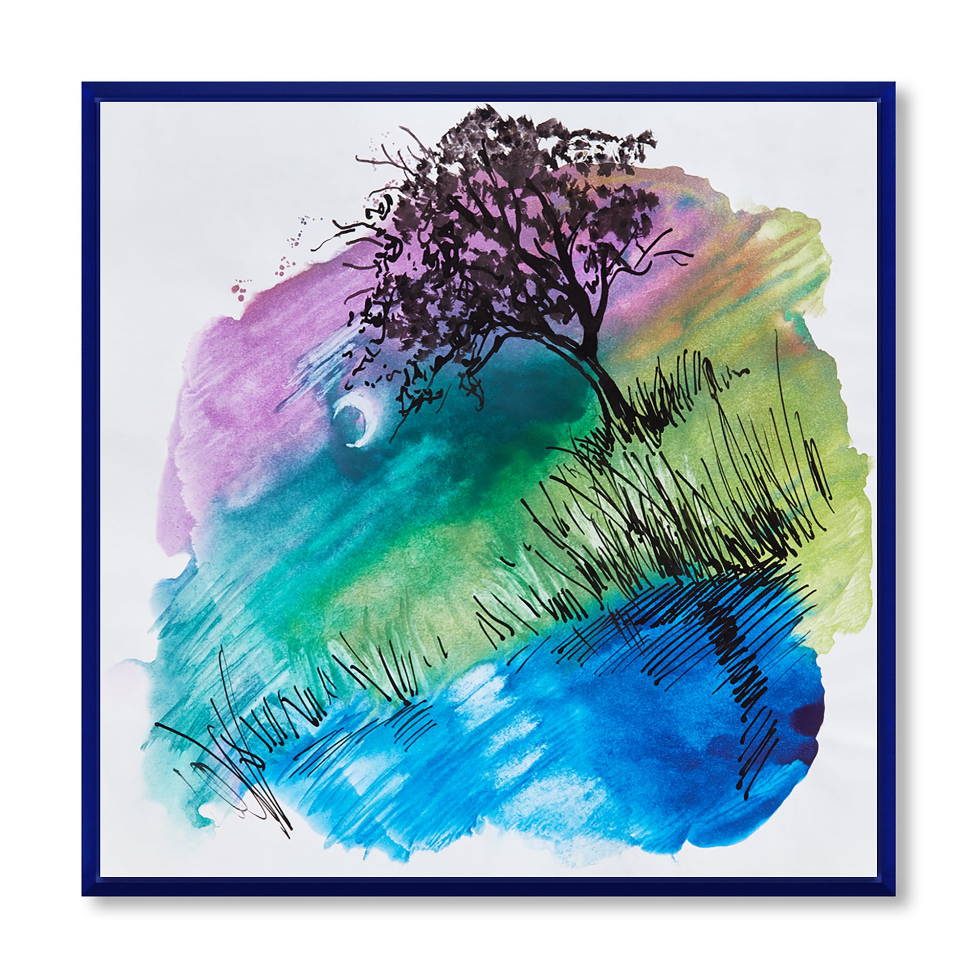Designart 'Rainbow Silhouette Of Tree On The Riverbank At Night' Modern Framed Canvas Wall Art Print