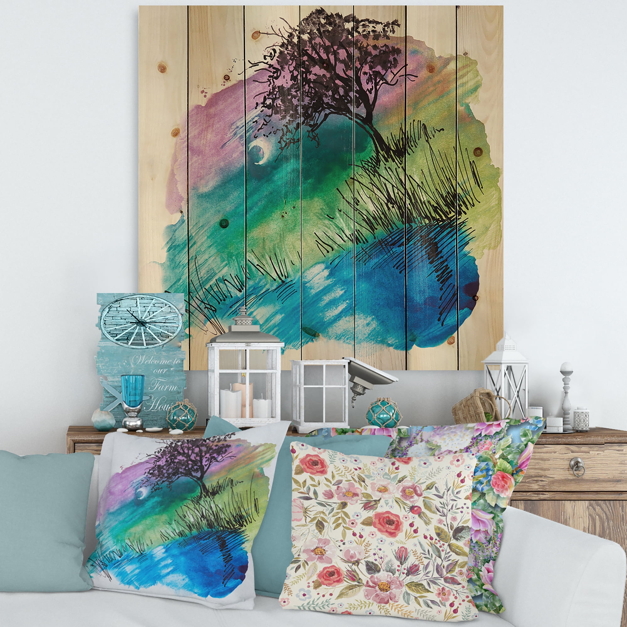 Designart 'Rainbow Silhouette Of Tree On The Riverbank At Night' Modern Print on Natural Pine Wood