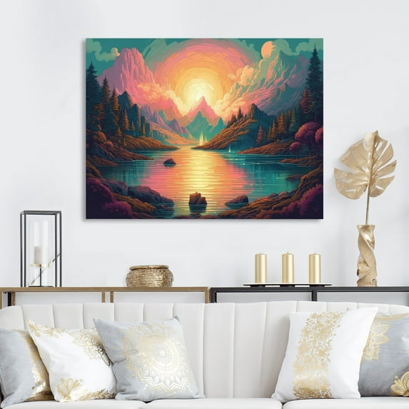 Designart "Rainbow Sky Reflection On Lake I" Landscape Mountains Canvas Wall Art