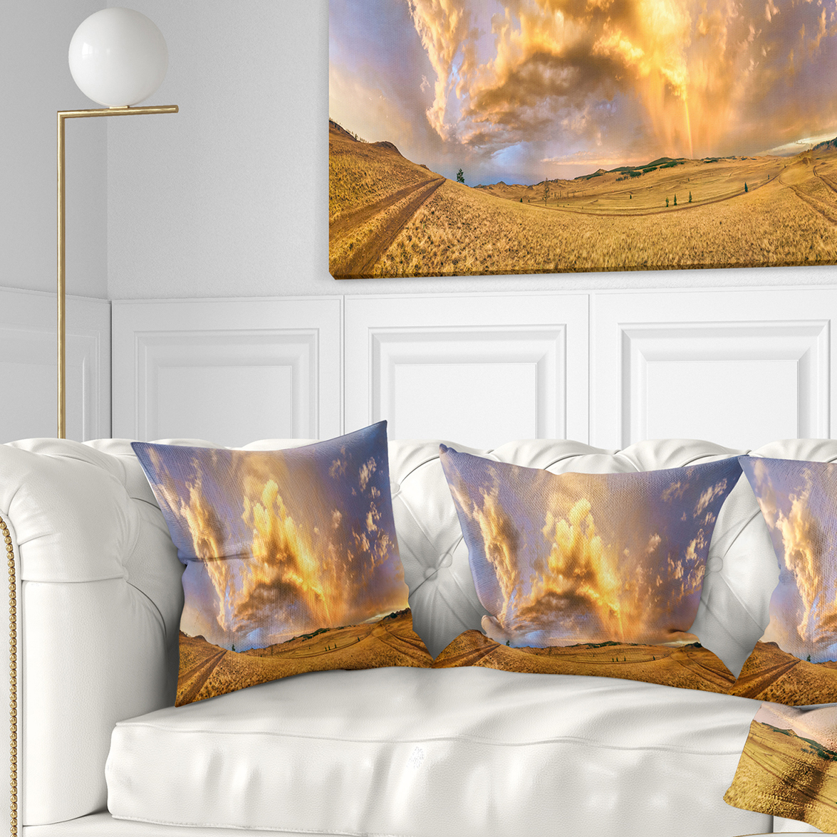 Designart Rainbow at Sunset After Storm - Landscape Photography Throw Pillow - 16x16