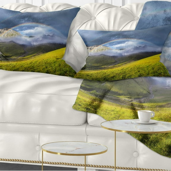 Designart Rainbow in Mountain Valley - Landscape Printed Throw Pillow - 12x20