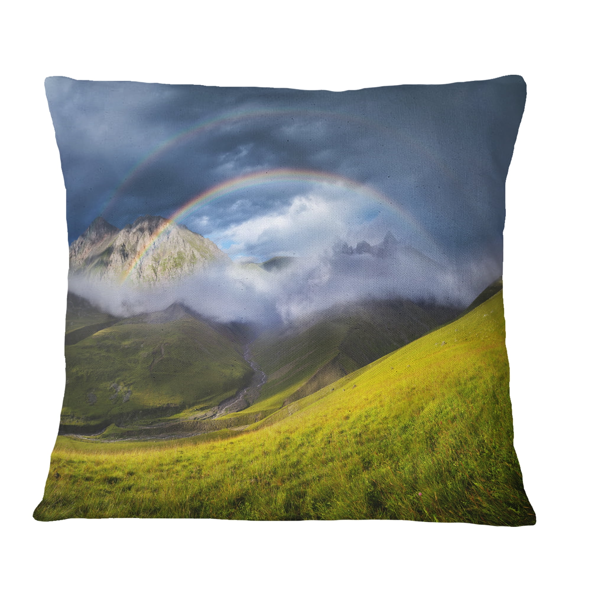 Designart Rainbow in Mountain Valley - Landscape Printed Throw Pillow - 16x16
