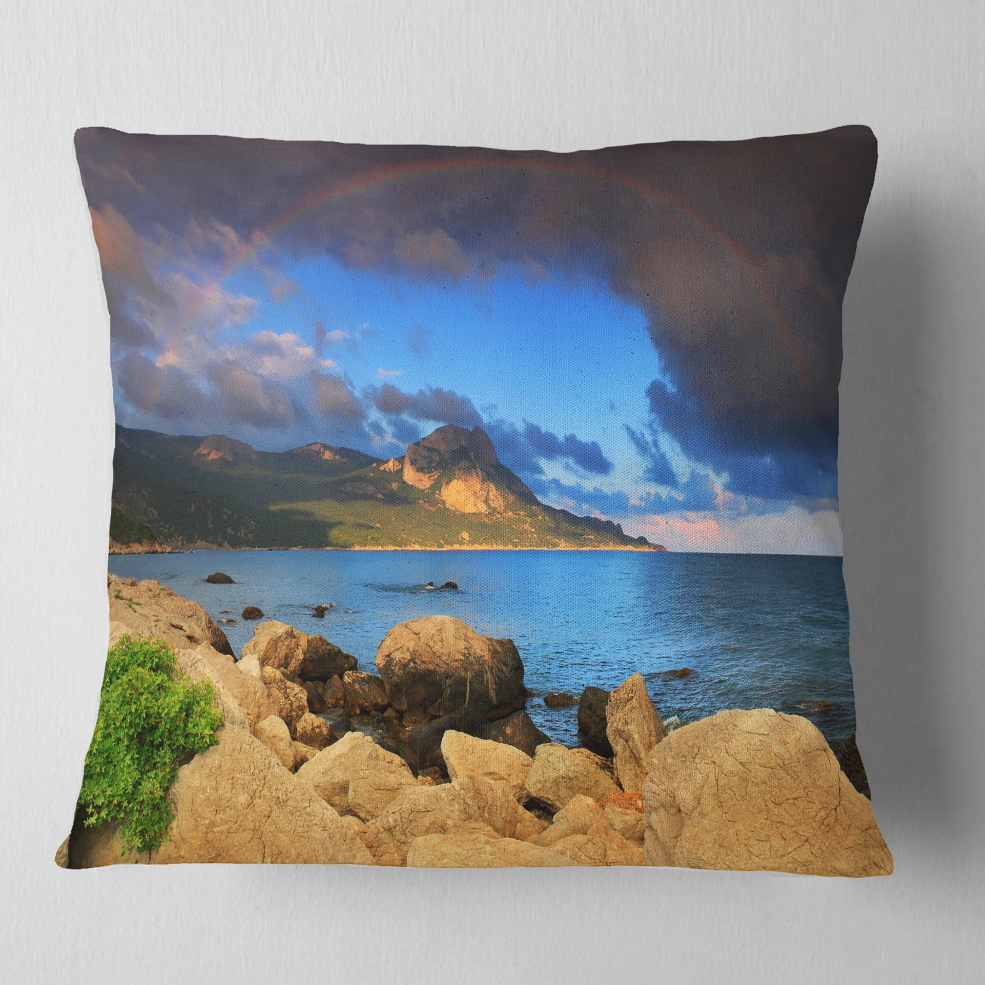 Designart Rainbow over the Ocean Bay - Modern Seascape Throw Pillow - 16x16