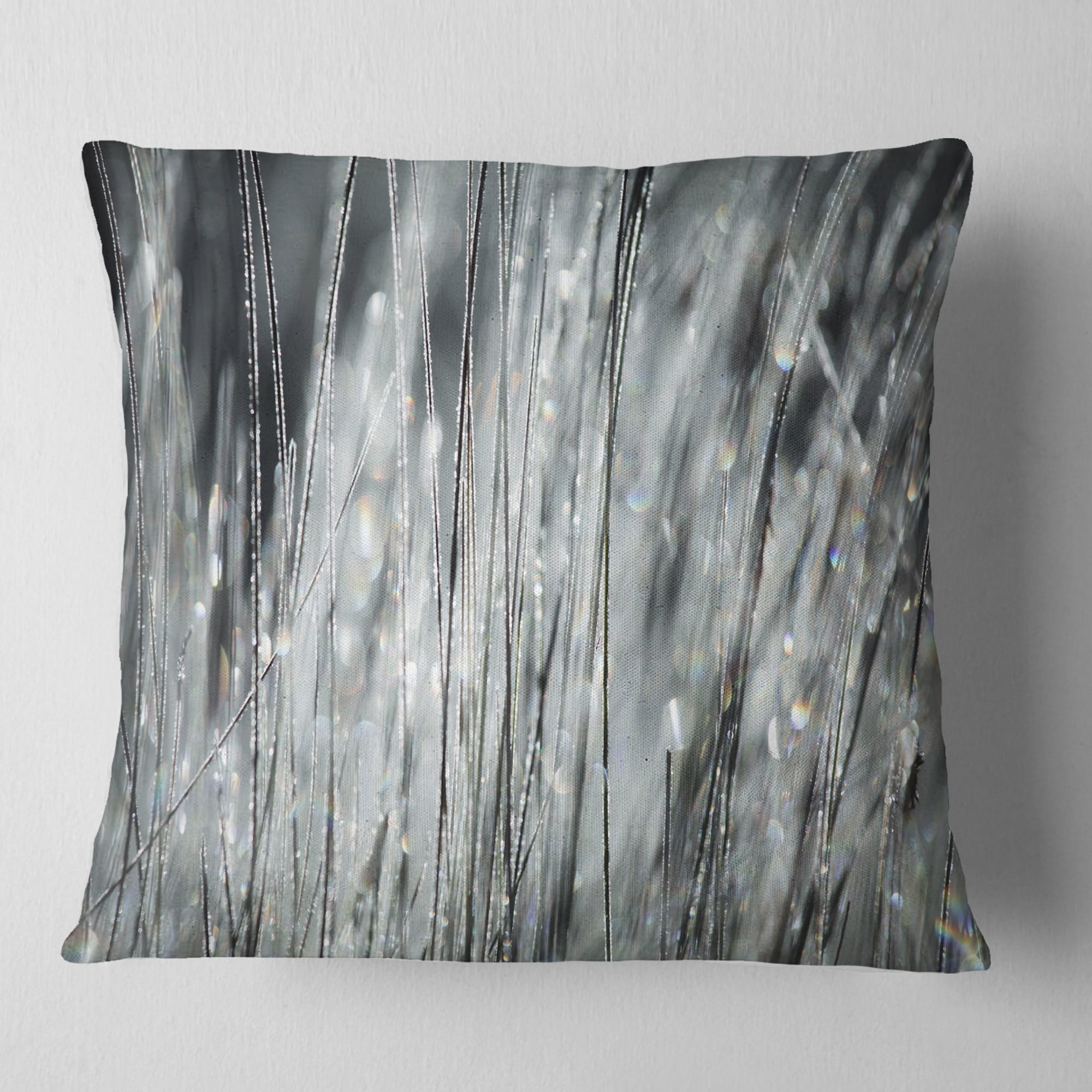 Designart Raindrops on Grass Black White - Landscape Printed Throw Pillow - 18x18