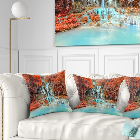 Designart Rainforest Waterfall Loas - Landscape Photography Throw Pillow - 16x16