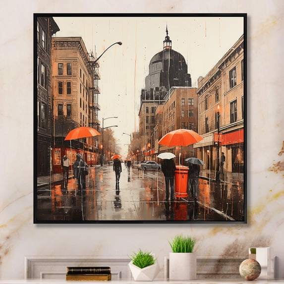 Designart "Rainy City Views Kansas City Scenes" Cityscapes Framed Wall Art - Modern Orange Kansas City Entryway Framed Wall Art