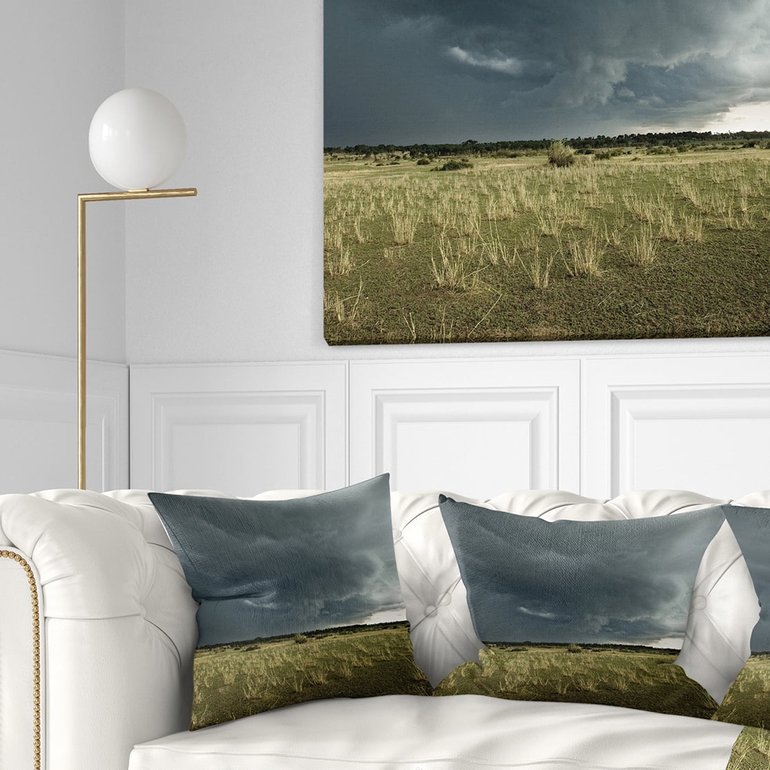 Designart Rainy Cloud over Green Pasture - Landscape Printed Throw Pillow - 18x18
