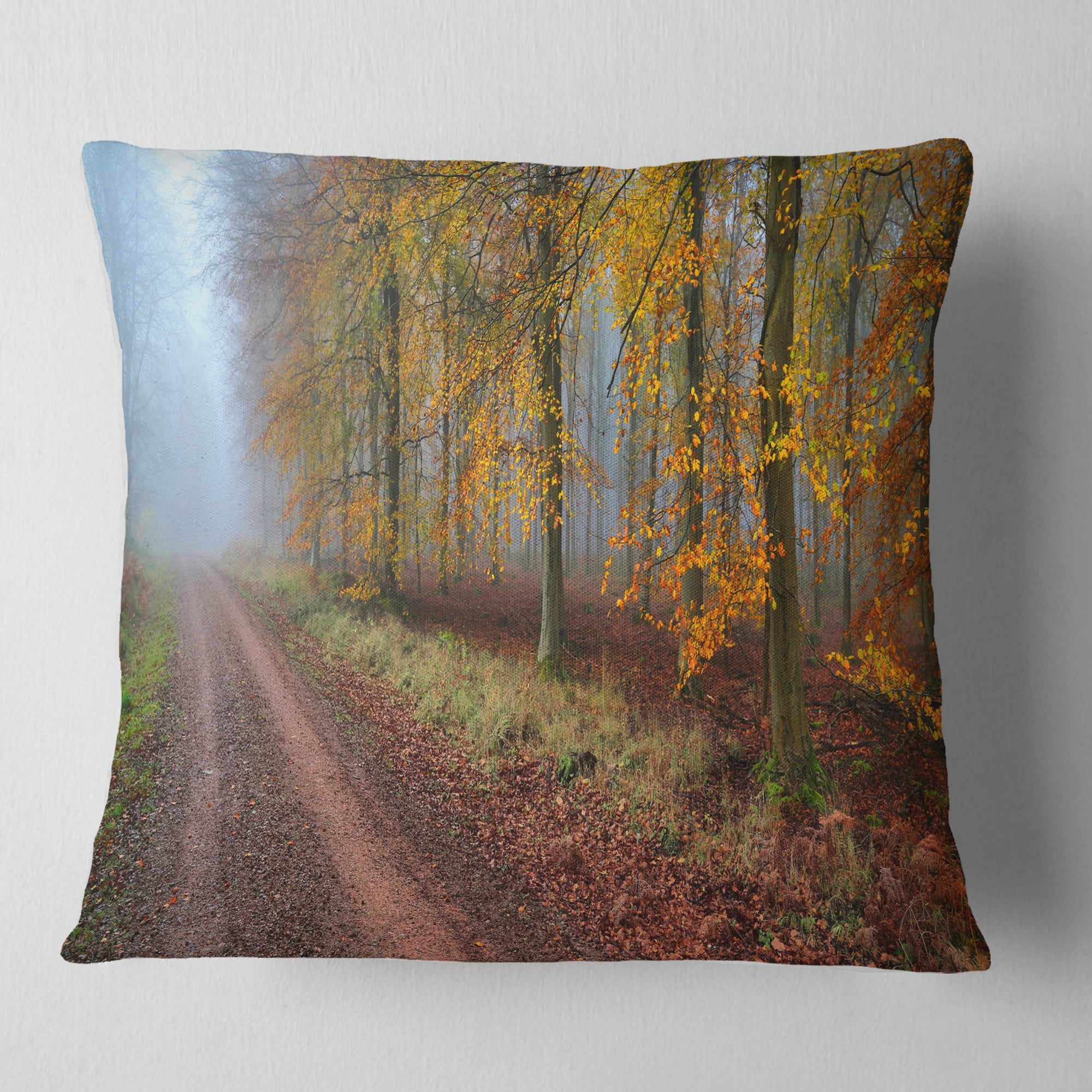 Designart Raising Sun in Fall Forest Panorama - Forest Throw Pillow - 18x18