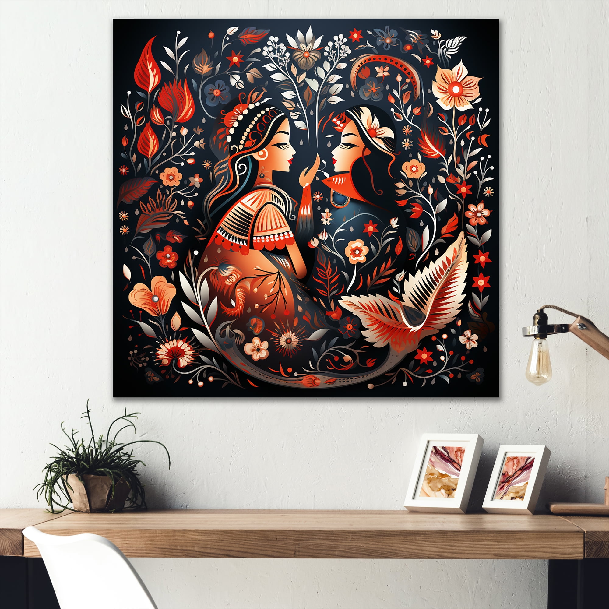Rajasthani Folklore Coral and Black Canvas Art, 16" x 16"