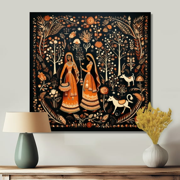 Designart "Rajasthani Folklore Tales Indian Art II" People Framed Wall Art Decor - Global Orange Indian Art Hallway Framed Wall Art Decor