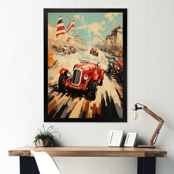 Designart "Rally of Vintage Race Cars II" Architecture Framed Wall Art - Modern Red Race Tracks Bedroom Framed Canvas Wall Art