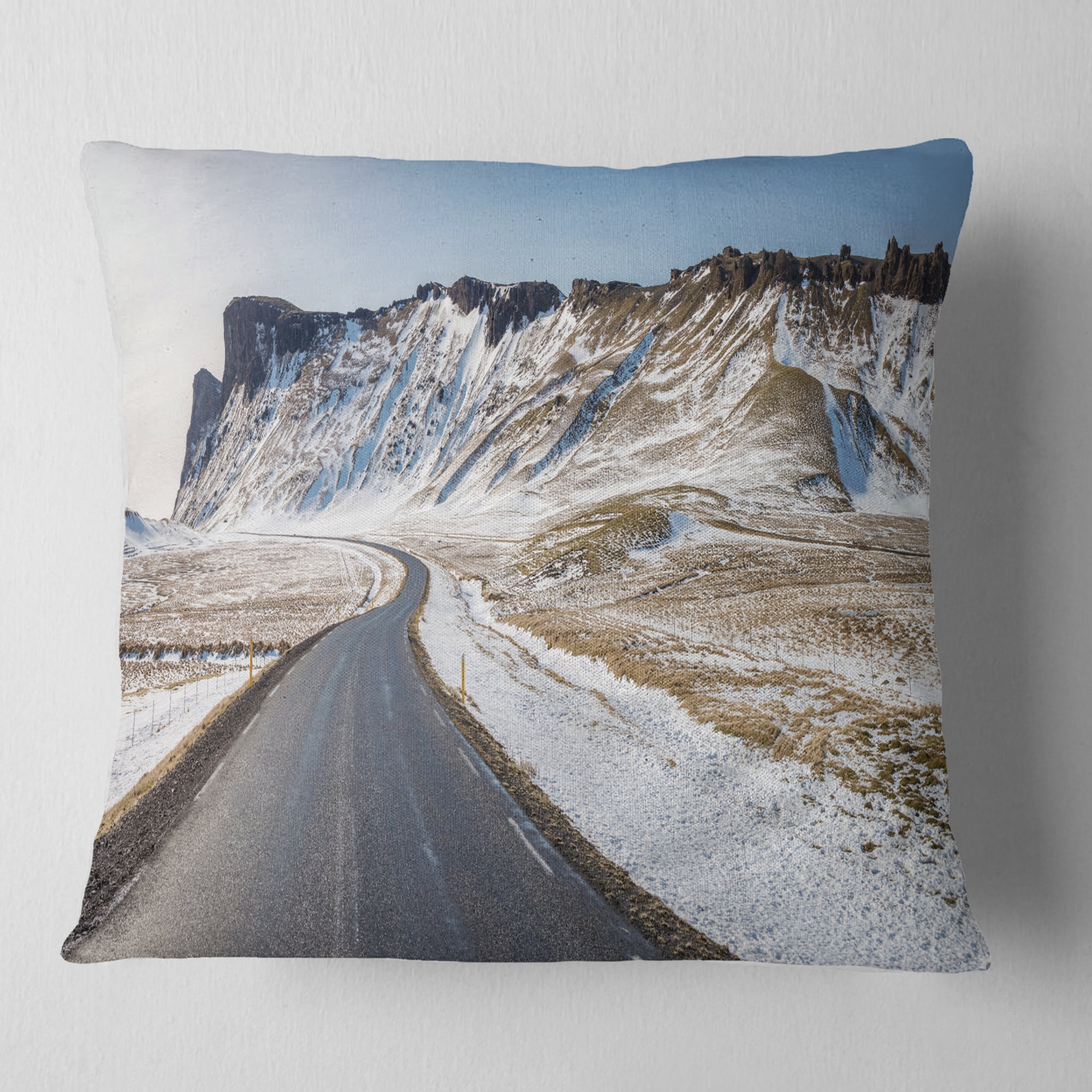 Designart Range Road in Winter Mountains - Landscape Printed Throw Pillow - 18x18