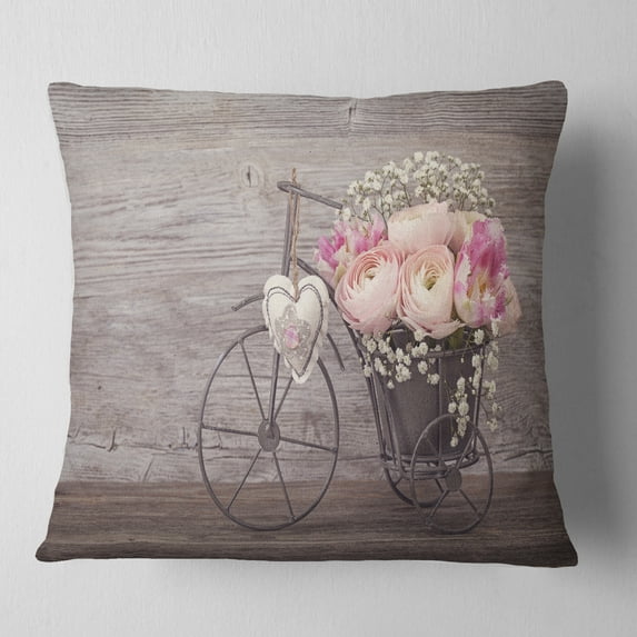 Designart Ranunculus Flowers in Bicycle Vase - Floral Throw Pillow - 18x18