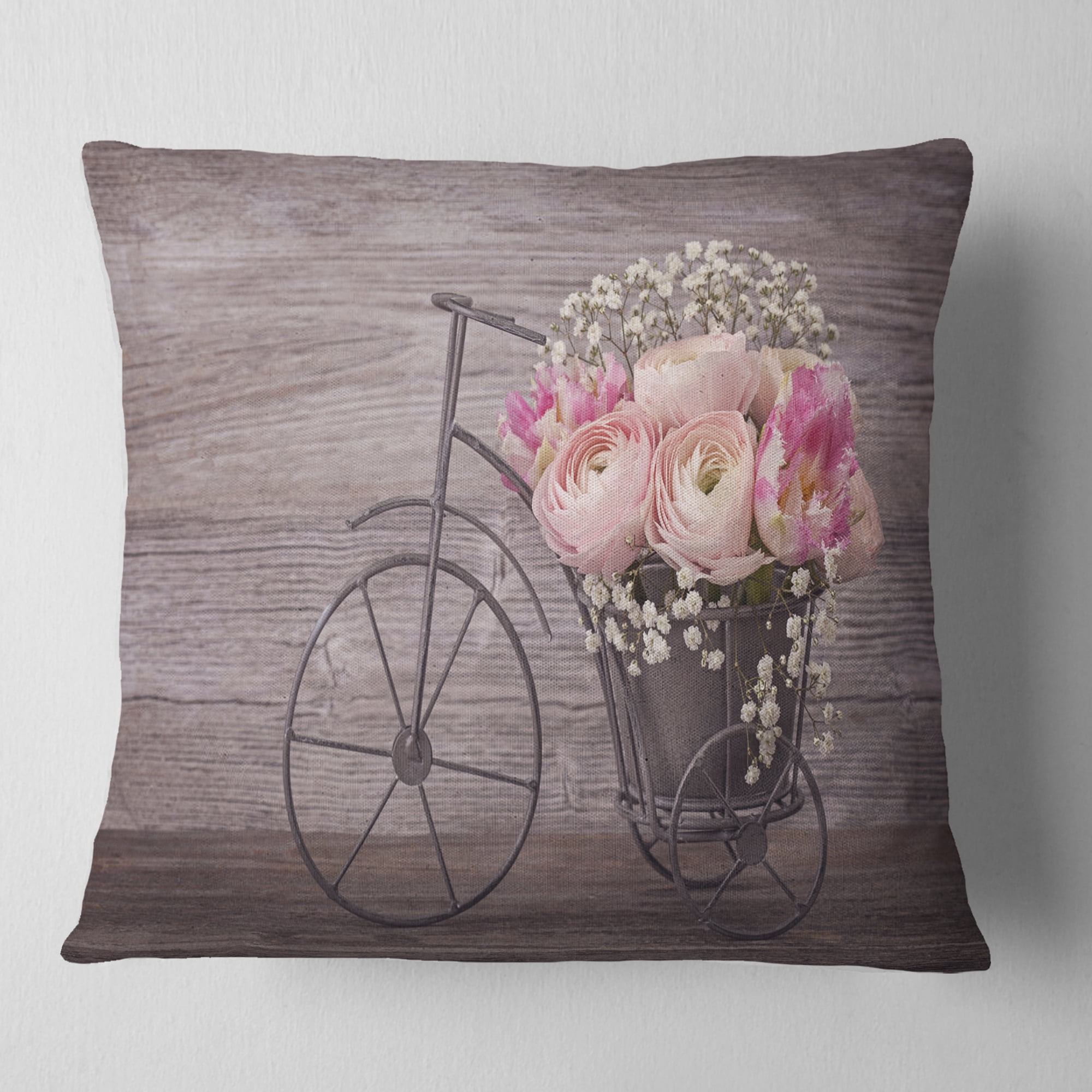 Designart Ranunculus Flowers on Bicycle - Floral Throw Pillow - 16x16