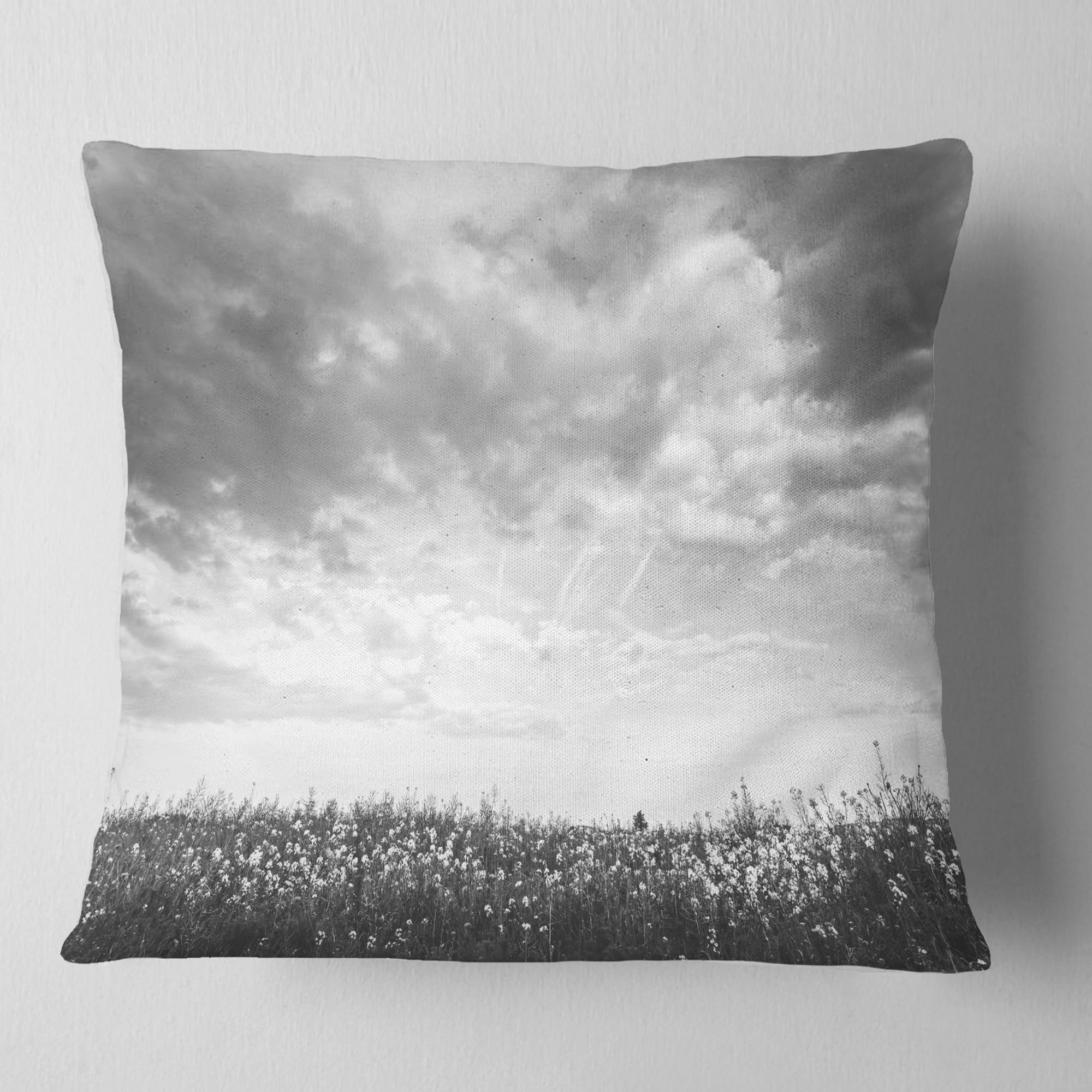 Designart Rapeseed Garden in Black and White - Landscape Printed Throw Pillow - 18x18