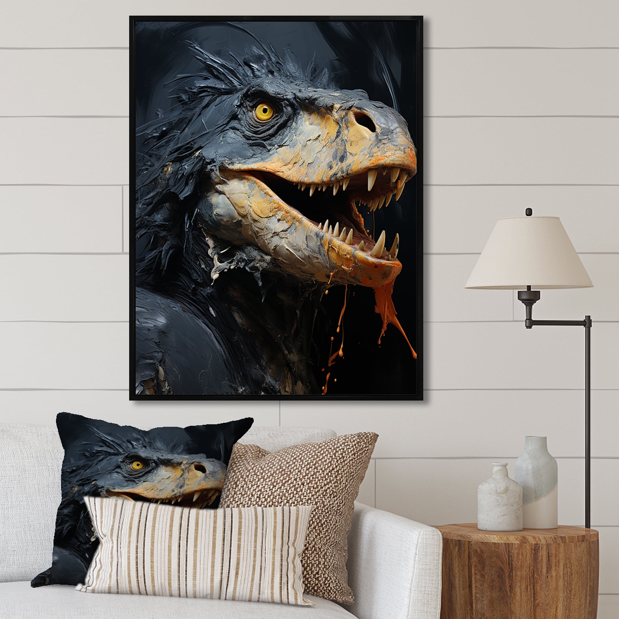 Designart "Raptor Dinosaur Grey Ancient Wonder" Animals Framed Wall Art