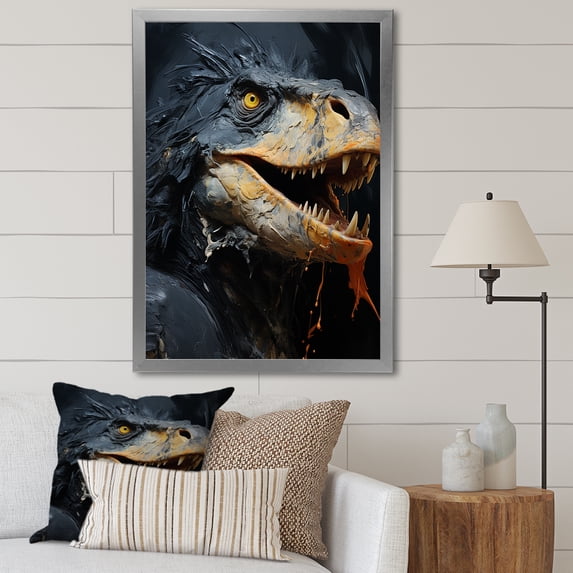 Designart "Raptor Dinosaur Grey Ancient Wonder" Animals Framed Wall Art - Modern Black Dinosaur Bedroom Framed Canvas Wall Art