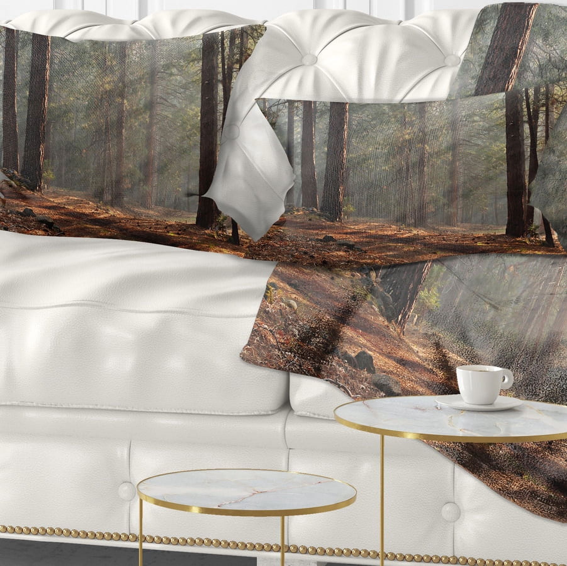 Designart Rays of Sun in Dense Forest - Landscape Photo Throw Pillow - 12x20