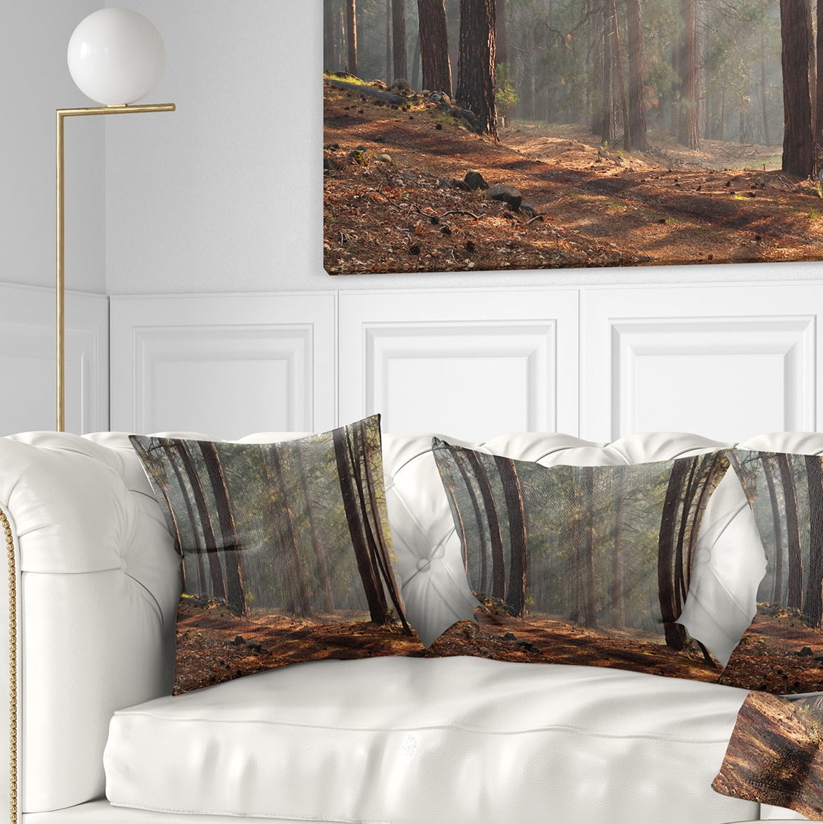 Designart Rays of Sun in Dense Forest - Landscape Photo Throw Pillow - 16x16