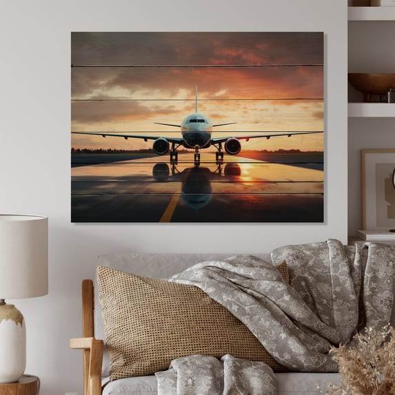 Designart "Ready For Take Off Plane Photo Skyward Ascent" Modern Print on Natural Pine Wood