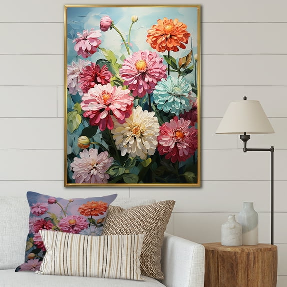 Designart "Realistic Beauty In Verdant Green I" Zinnias Floater Framed Canvas Wall Art