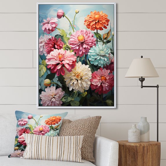 Designart "Realistic Beauty In Verdant Green I" Zinnias Floater Framed Canvas Wall Art