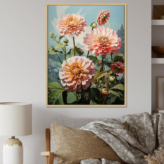 Designart "Realistic Beauty In Verdant Green" Zinnias Floater Framed Wall Art Living Room