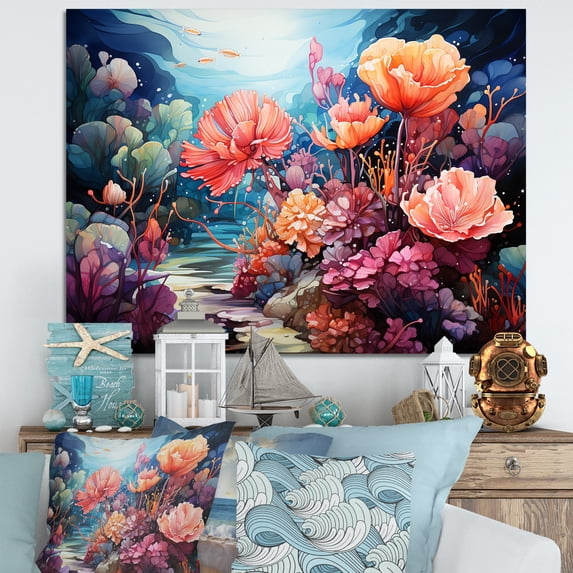 Designart "Realistic Garden of Underwater Coral I" Animals Wall Art - Modern Pink Coral Living Room Canvas Art